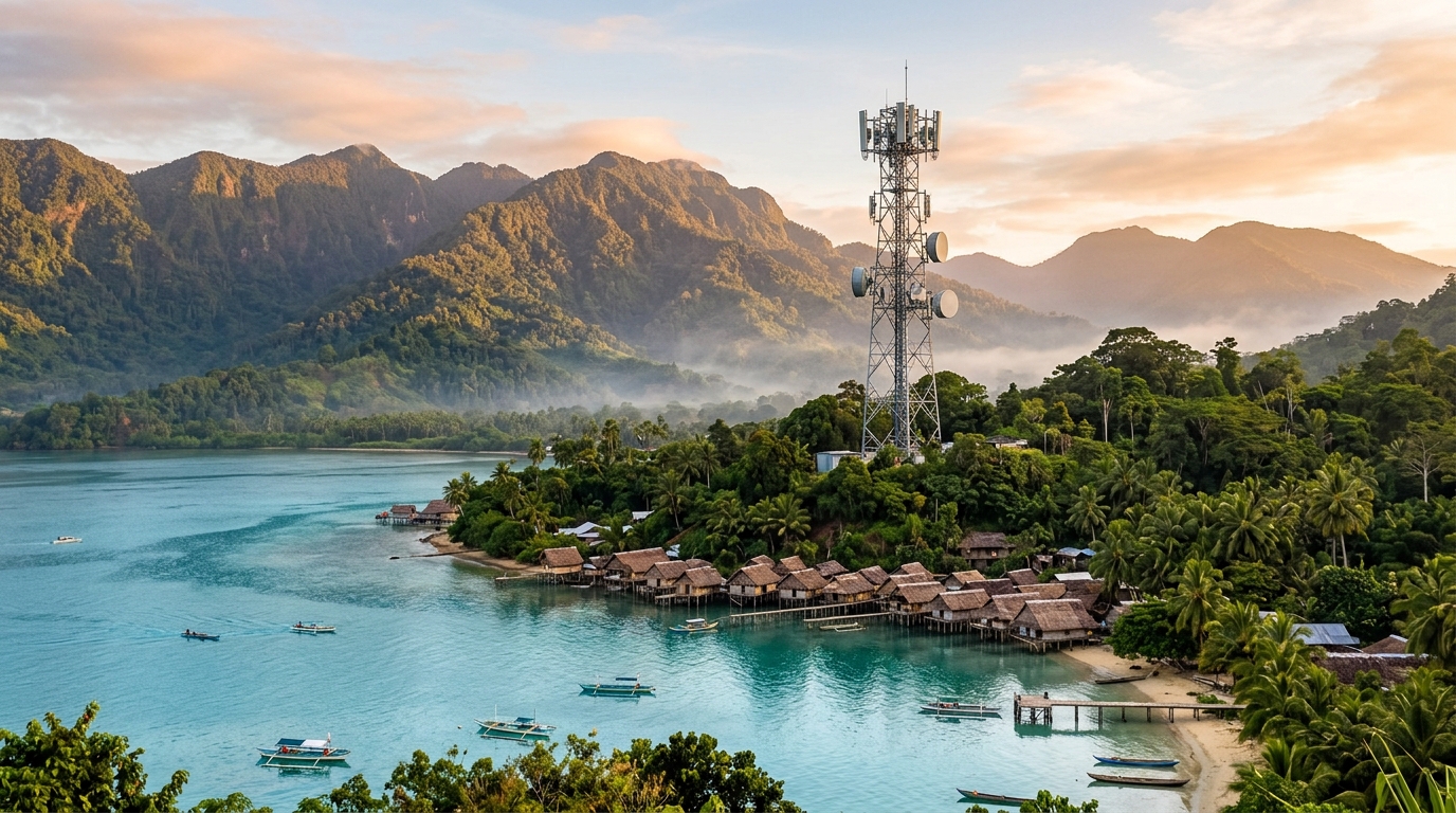 Torre 5G sopra un villaggio costiero della Papua Nuova Guinea al tramonto