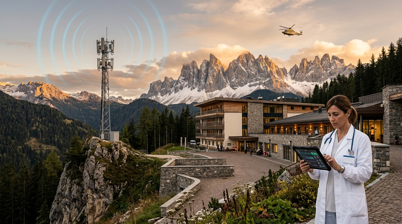 Rete 5G per la sanità in Italia: ospedale di montagna sulle Alpi con antenna 5G e medico con tablet per la telemedicina