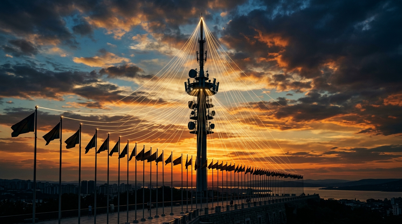 Fila di bandiere nazionali in controluce collegate da linee di luce a una torre di telecomunicazioni al tramonto, immagine simbolo dell'alleanza 6G guidata dagli USA