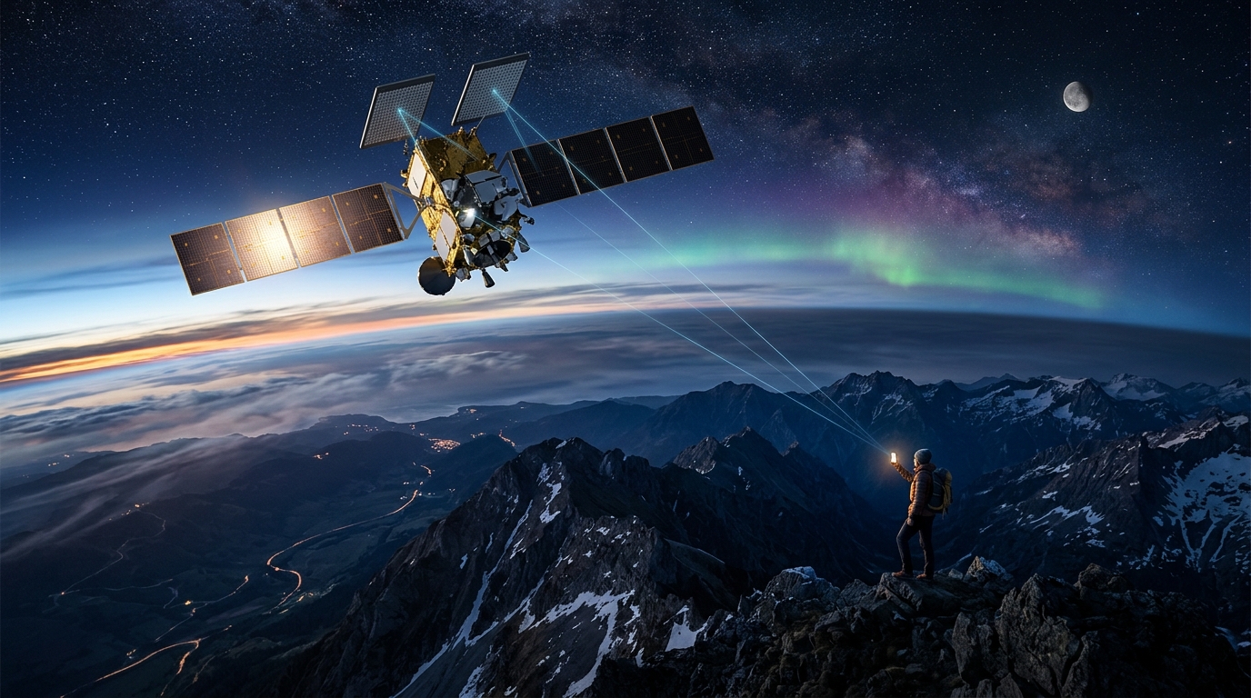 Satellite Amazon Leo direct-to-device in orbita bassa collega con fasci di segnale lo smartphone di un escursionista in montagna