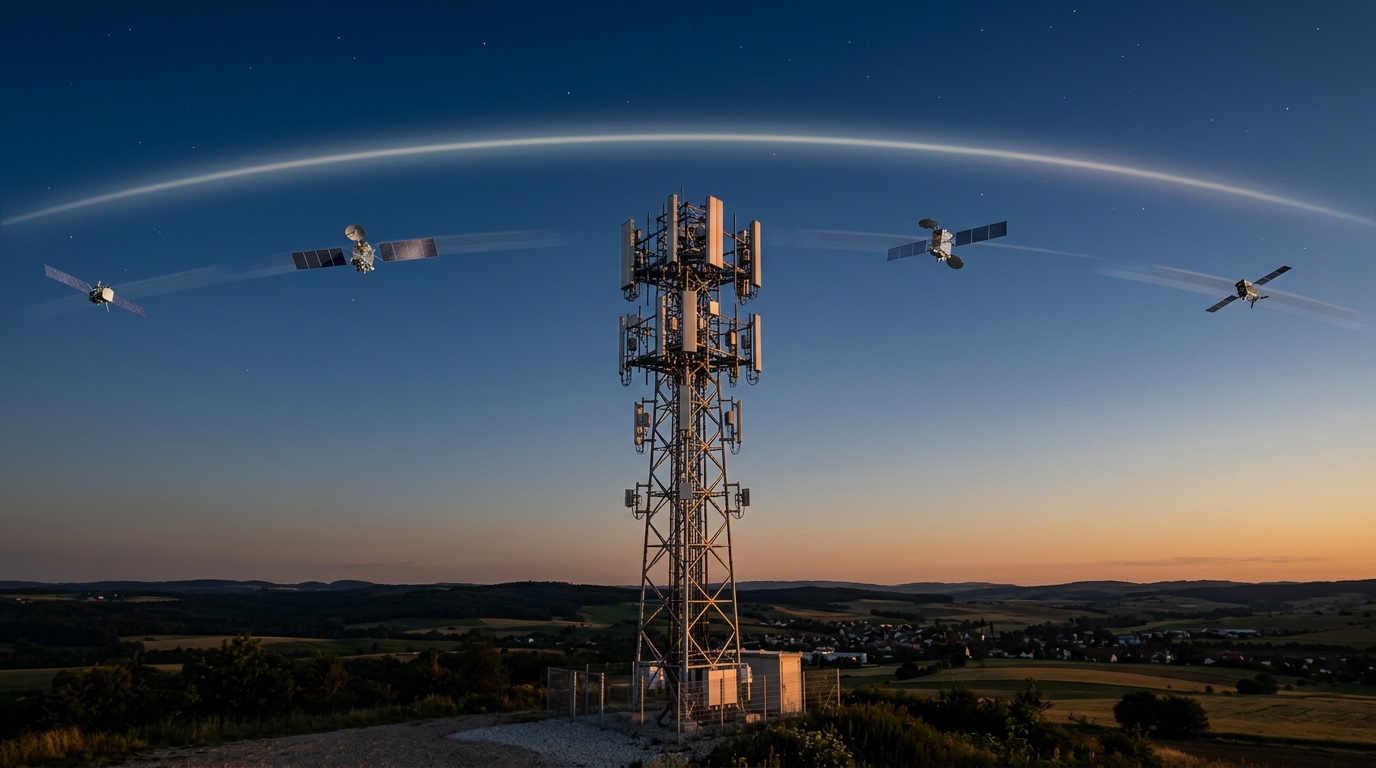 Torre 5G con antenne massive MIMO e satelliti in cielo al tramonto, simbolo dell'asta upper C-band FCC per il 5G americano