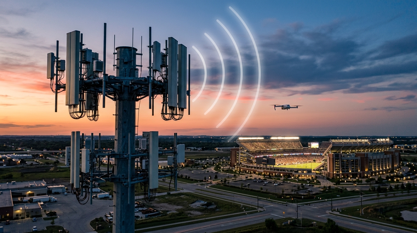Torre cellulare 5G con radio Massive MIMO che rileva un drone in volo vicino a uno stadio: il network sensing ISAC di AT&T ed Ericsson
