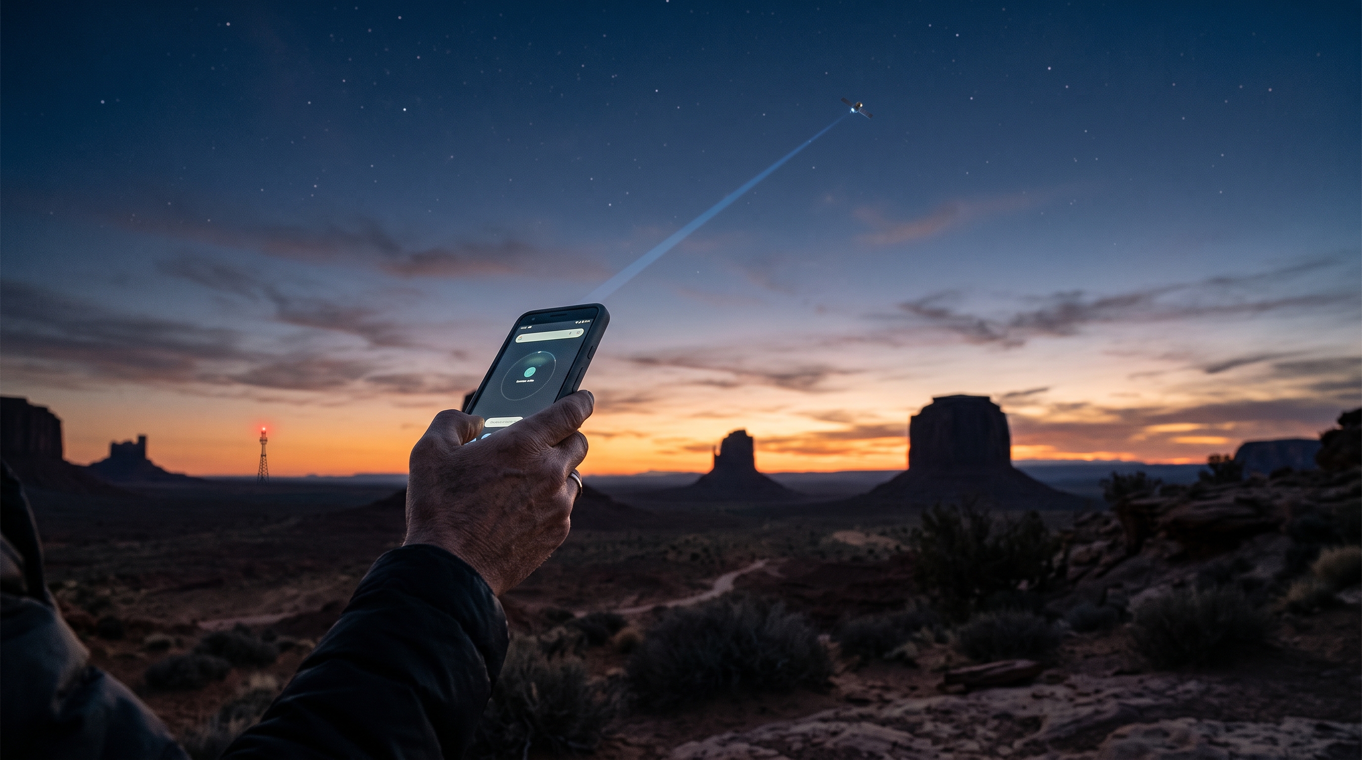 Smartphone collegato a un satellite direct-to-cell al crepuscolo nel deserto americano, torre cellulare sullo sfondo