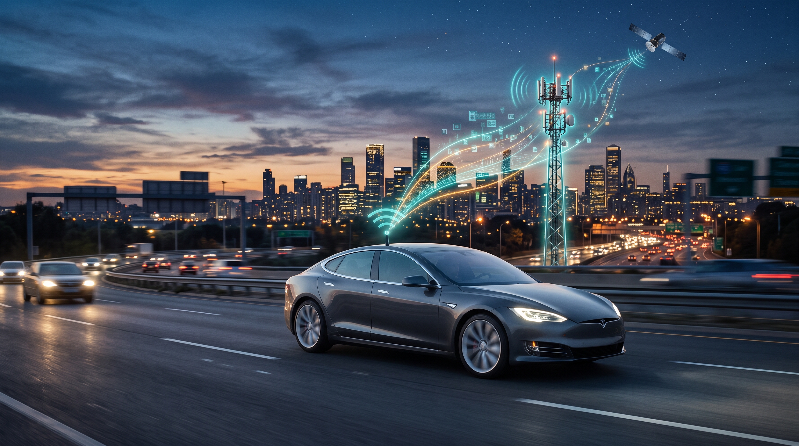 Auto connessa in autostrada al tramonto con flussi di dati verso antenna 5G e satellite