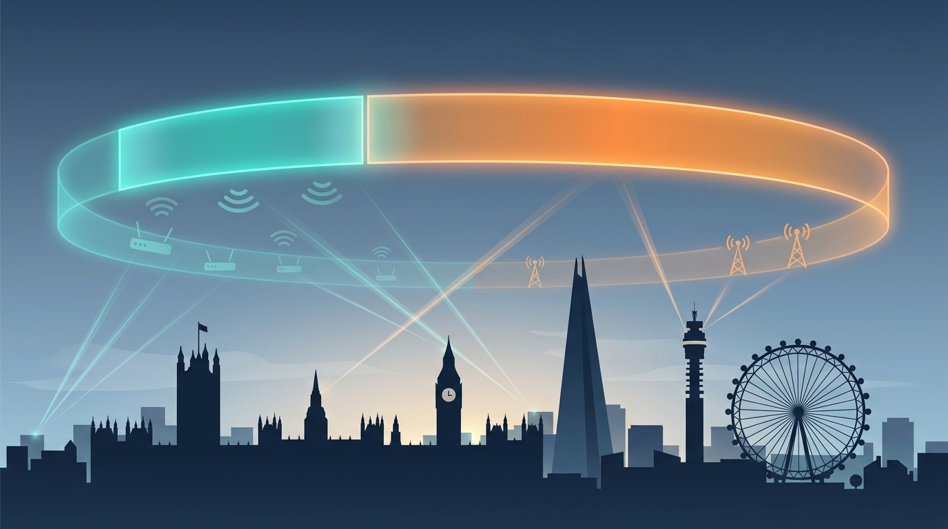 Illustrazione della banda 6 GHz condivisa tra Wi-Fi e 5G sopra lo skyline di Londra: la decisione Ofcom divide lo spettro in due porzioni con priorità