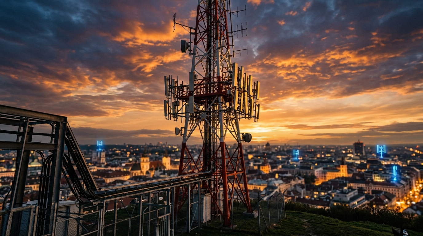 Torre di trasmissione TV UHF al tramonto con antenne 5G sui tetti della città: la banda sub-700 MHz contesa tra digitale terrestre e reti mobili
