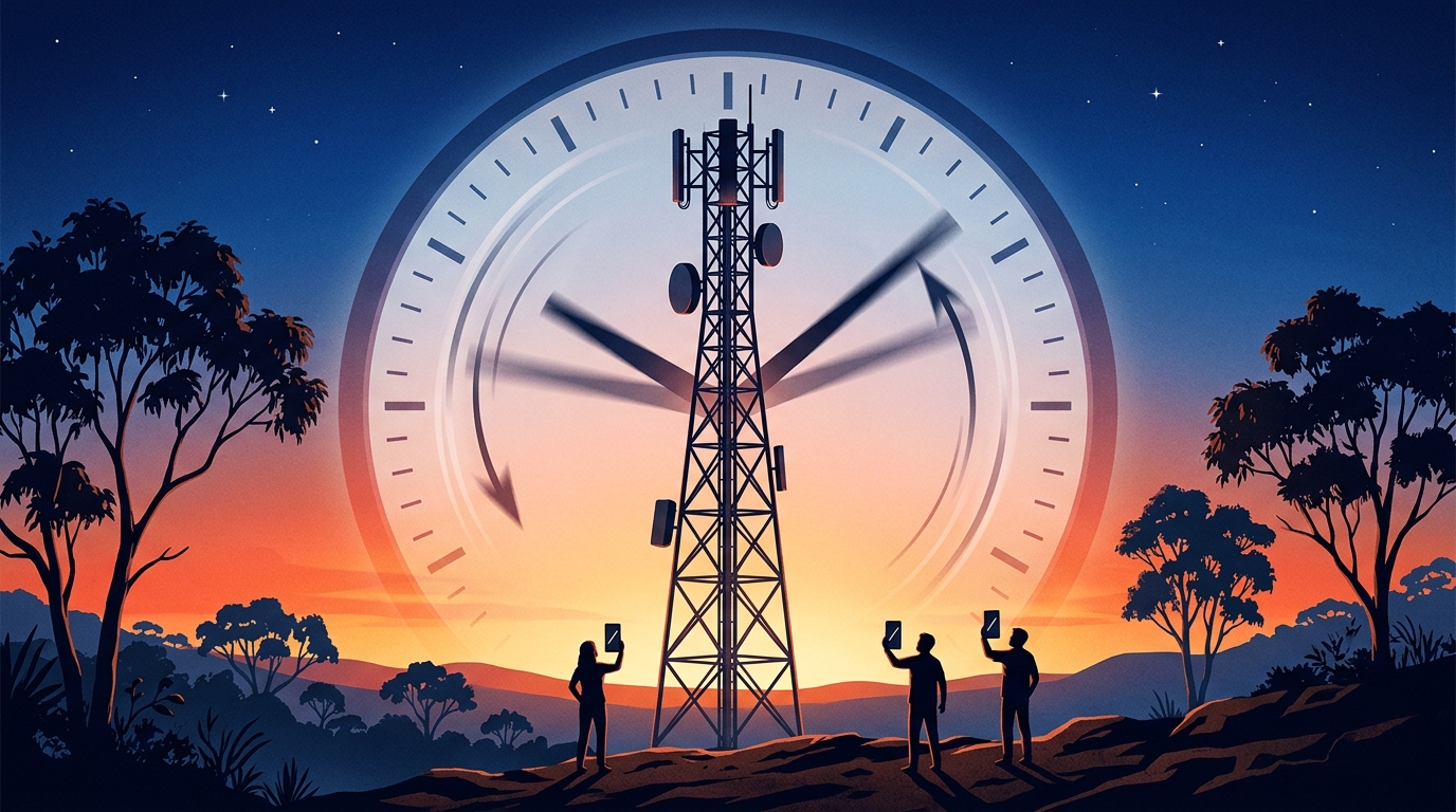 Illustrazione di un orologio che torna indietro dietro un traliccio di rete mobile: il blackout Telstra in Australia causato dal bug di sincronizzazione GPS