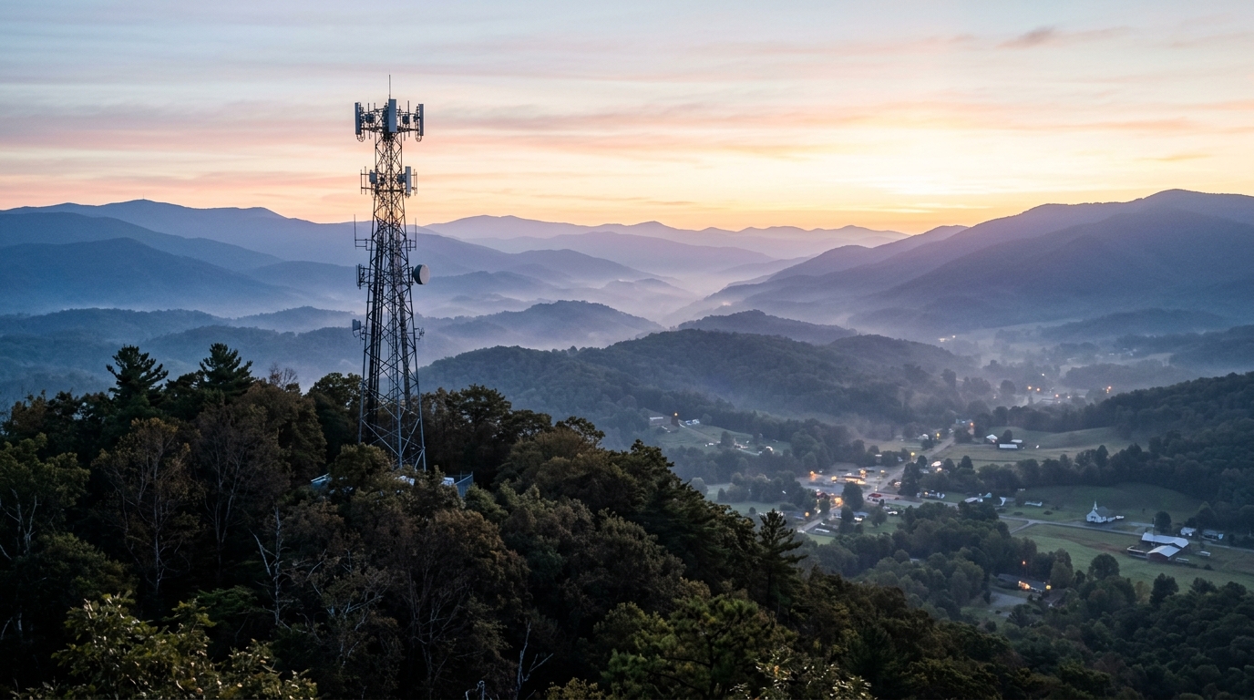 Traliccio di telefonia mobile all'alba sulle Blue Ridge Mountains del North Carolina, il territorio servito da Carolina West Wireless