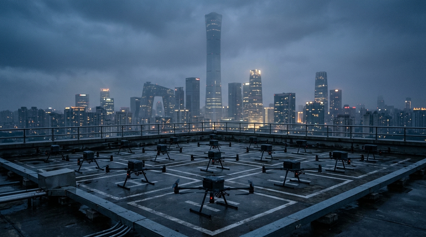 Flotta di droni a terra su una piattaforma di atterraggio a Pechino con la CITIC Tower sullo sfondo, simbolo dello stop all economia a bassa quota cinese