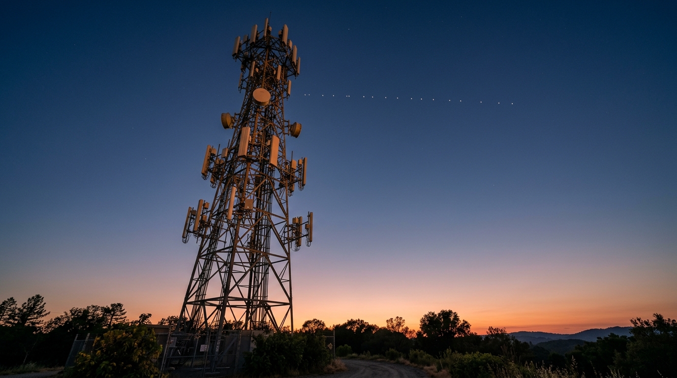 Torre di telecomunicazioni con antenne 5G al crepuscolo mentre una scia di satelliti attraversa il cielo: Crown Castle difende le torri dall'hype dei satelliti