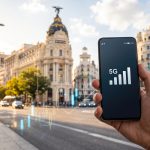 Smartphone con segnale 5G sulla Gran Via di Madrid e grafici di Borsa: Digi Spain verso la quotazione