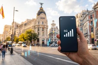 Smartphone con segnale 5G sulla Gran Via di Madrid e grafici di Borsa: Digi Spain verso la quotazione