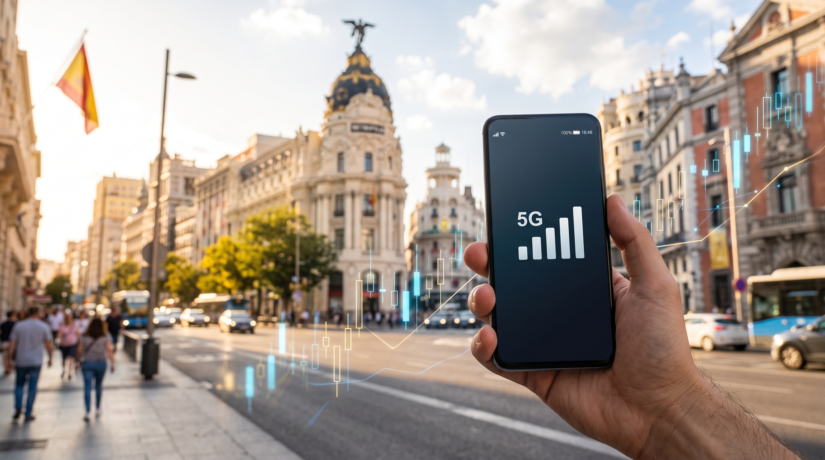 Smartphone con segnale 5G sulla Gran Via di Madrid e grafici di Borsa: Digi Spain verso la quotazione