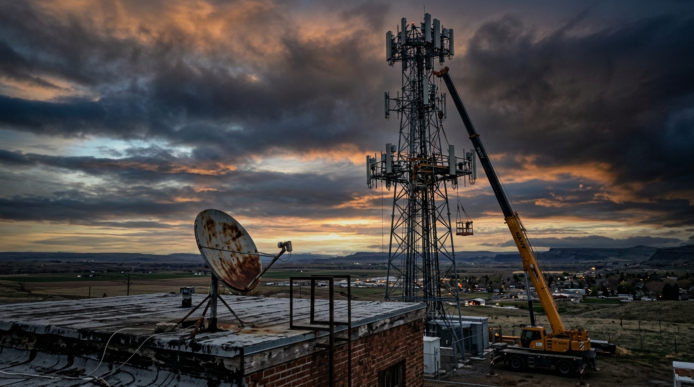 Torre 5G con gru per lo smantellamento e vecchia parabola satellitare al tramonto, simbolo del Chapter 11 di Dish e della fine della rete 5G di EchoStar