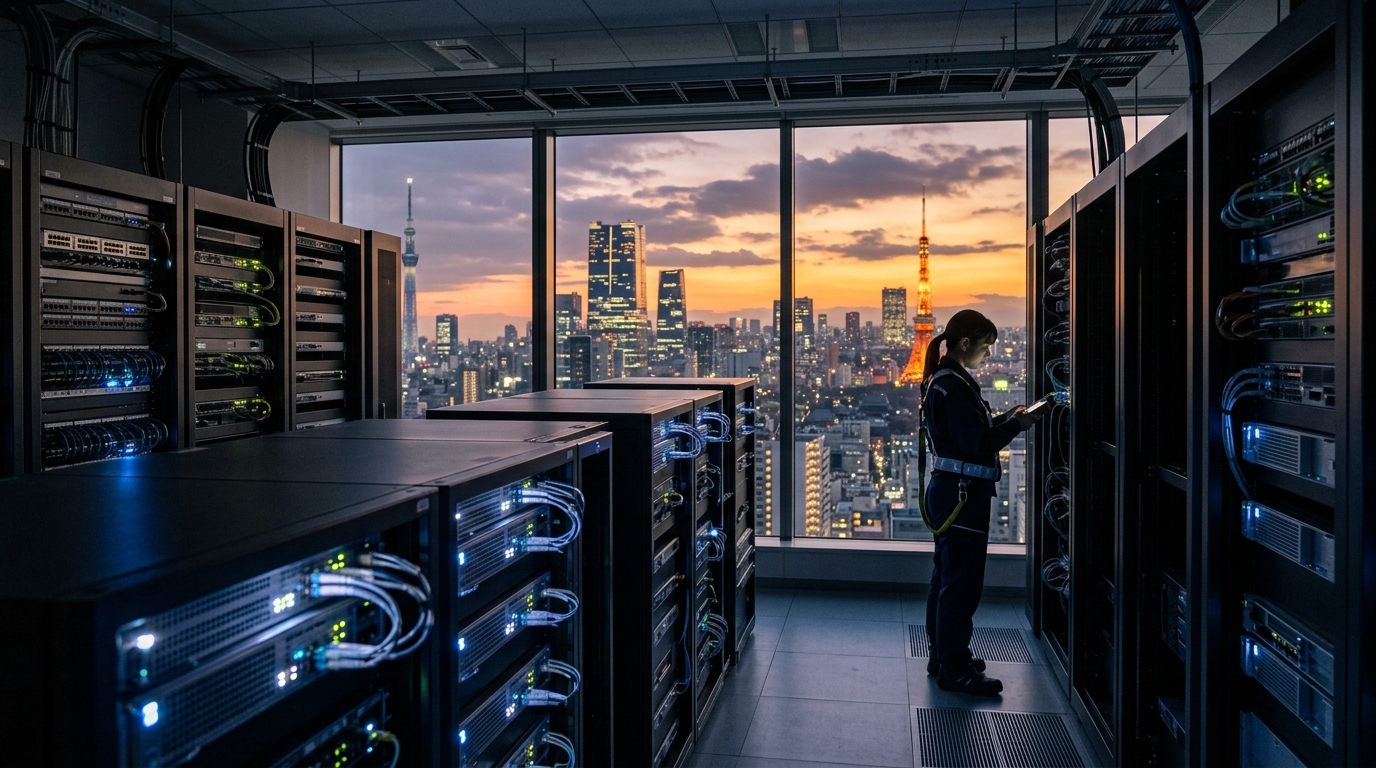 Sala apparati con rack di unità baseband illuminate e skyline di Tokyo al tramonto: docomo sceglie la piattaforma RAN Compute di Ericsson
