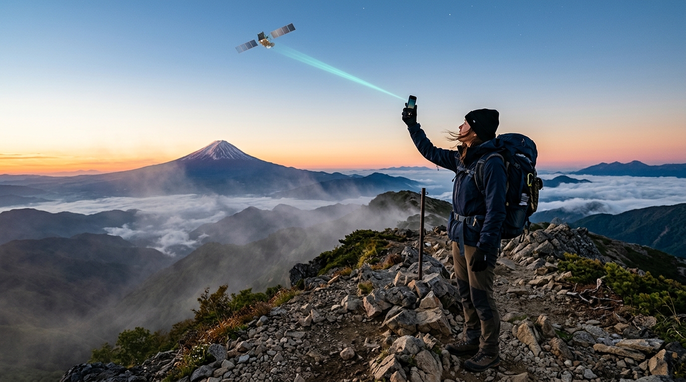 Escursionista in montagna in Giappone con smartphone collegato a un satellite Starlink, servizio docomo Starlink Direct direct-to-device