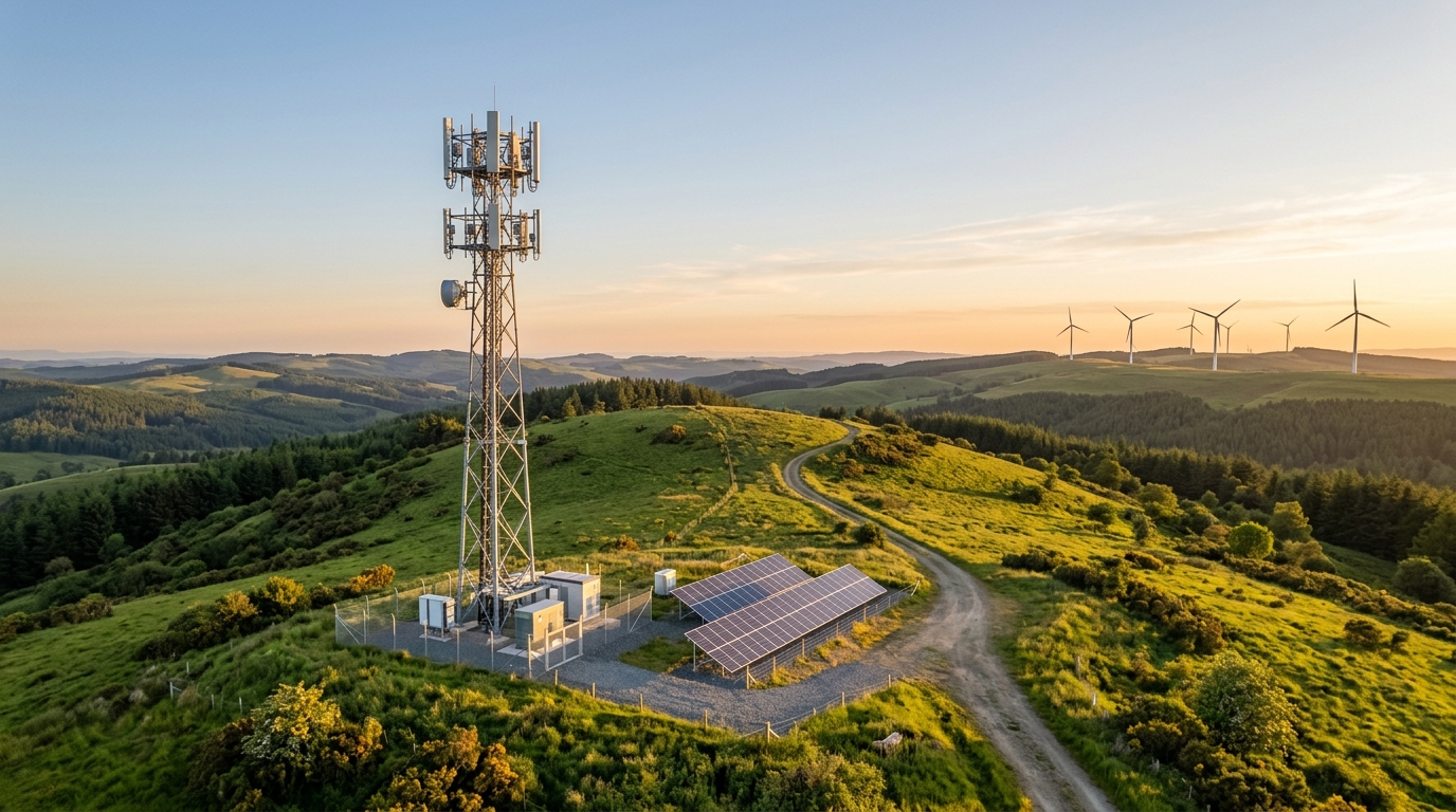 Torre 5G con pannelli solari e turbine eoliche al tramonto: le reti mobili tagliano le emissioni operative secondo il rapporto GSMA Mobile Net Zero 2026