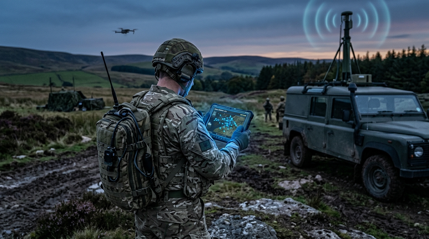 Soldato con tablet e antenna 5G tattica: comunicazioni militari 5G del framework TacSys della difesa britannica