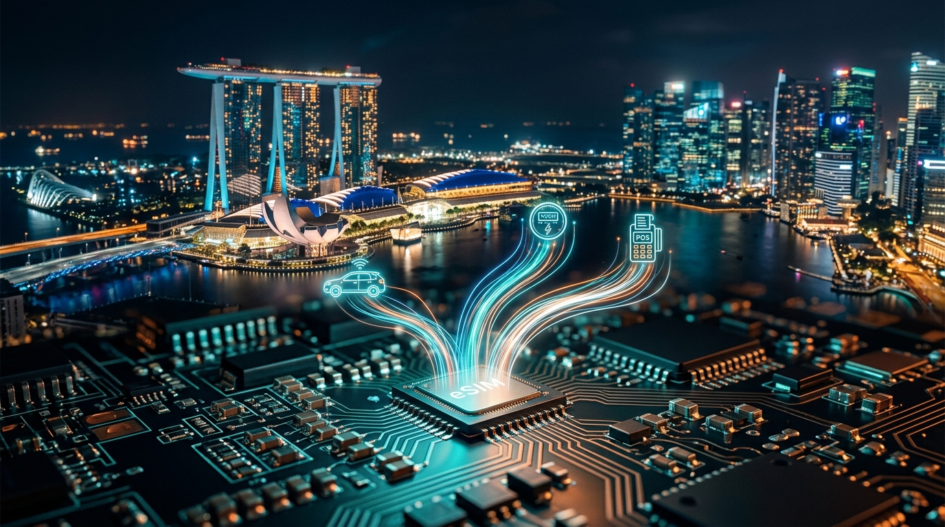 eSIM IoT multi-operatore: chip eSIM su circuito con flussi di dati verso lo skyline di Singapore, dispositivi connessi in Asia-Pacifico