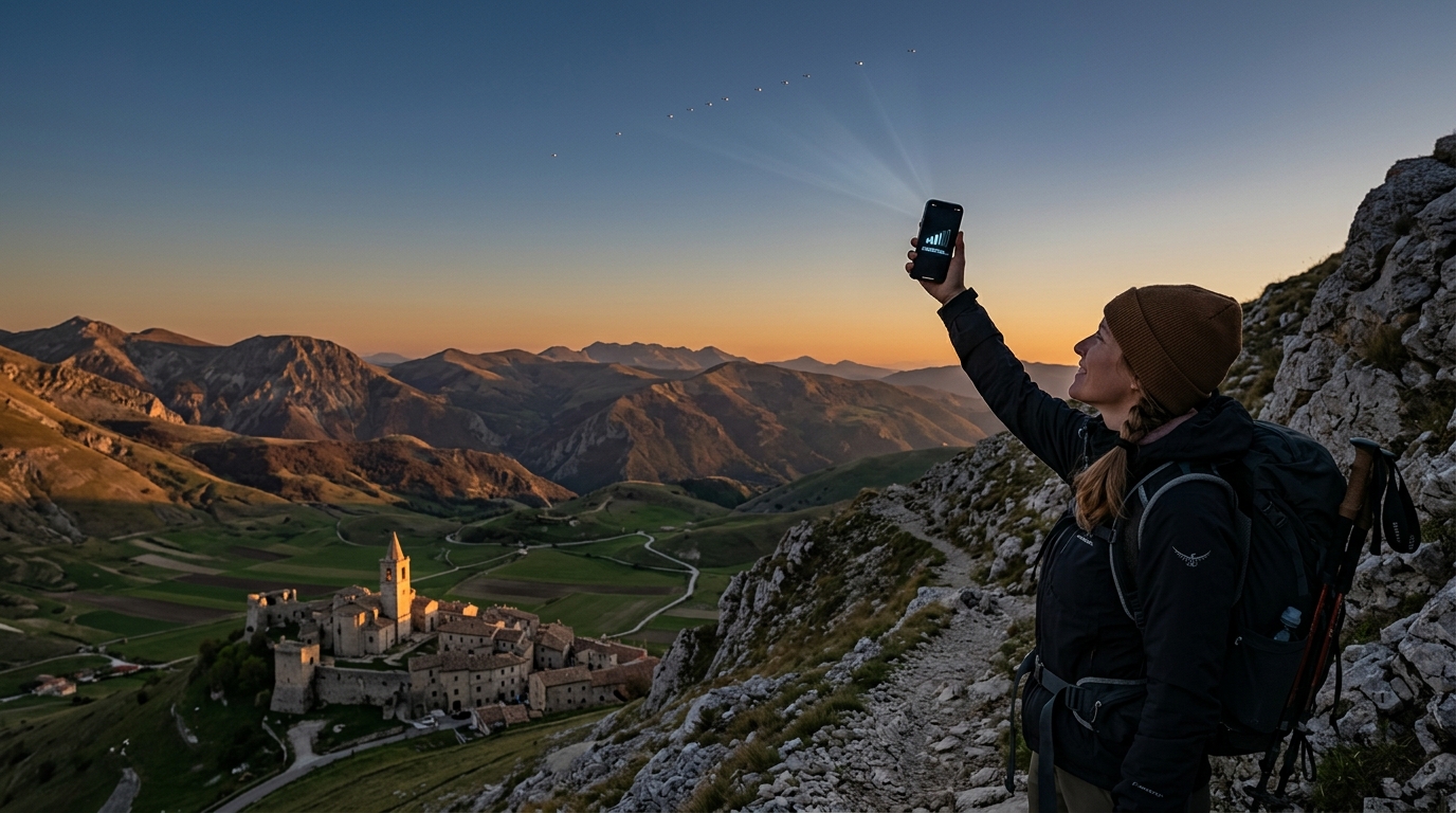 Escursionista sull Appennino alza lo smartphone verso i satelliti Starlink: la sperimentazione direct-to-cell di Fastweb e Vodafone in Italia