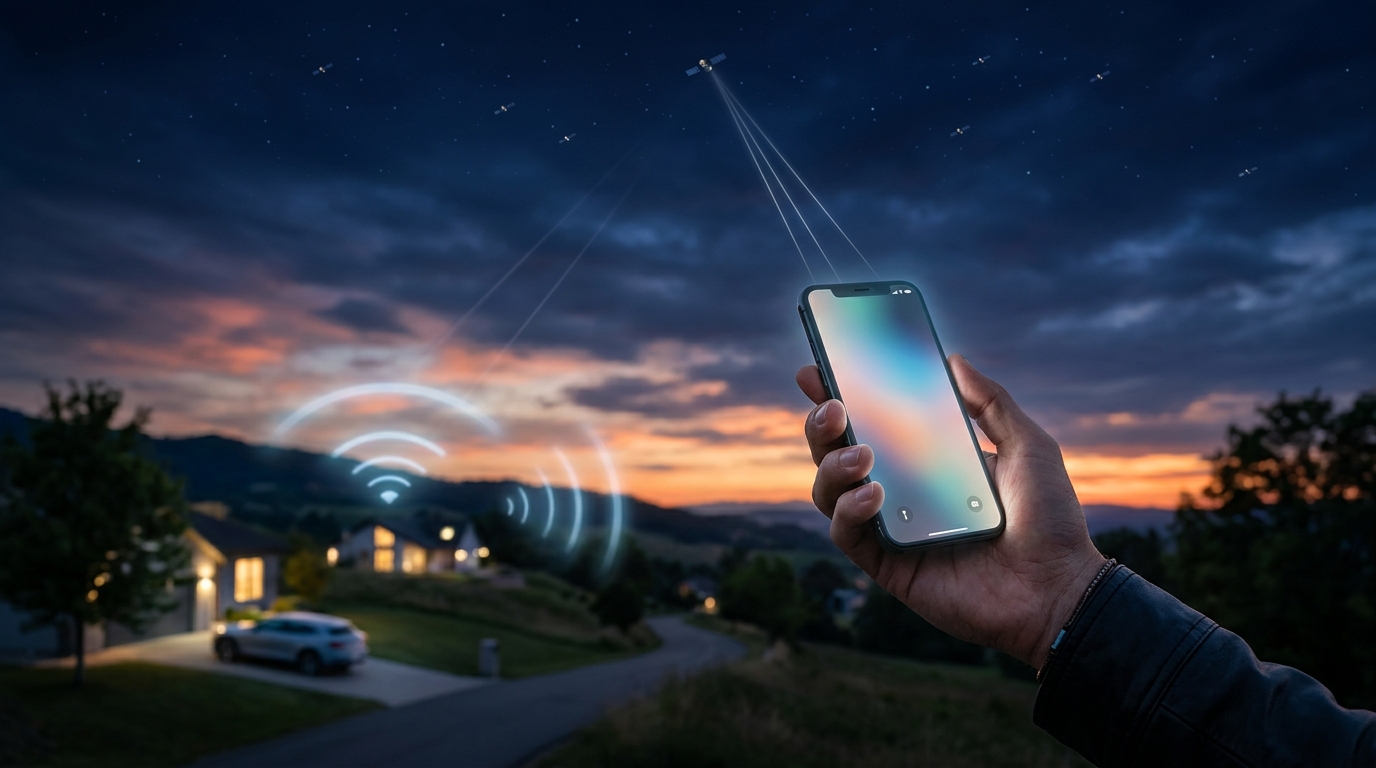 Smartphone rivolto al cielo al crepuscolo con satelliti direct-to-device e onde Wi-Fi: la FCC propone spettro unlicensed per il D2D