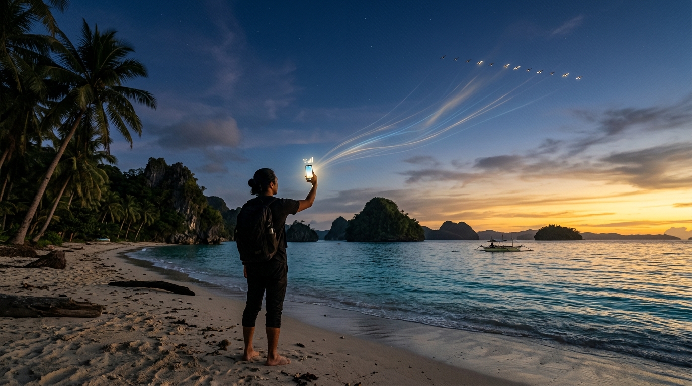 Smartphone connesso ai satelliti Starlink Direct to Cell di Globe su una spiaggia delle Filippine al tramonto