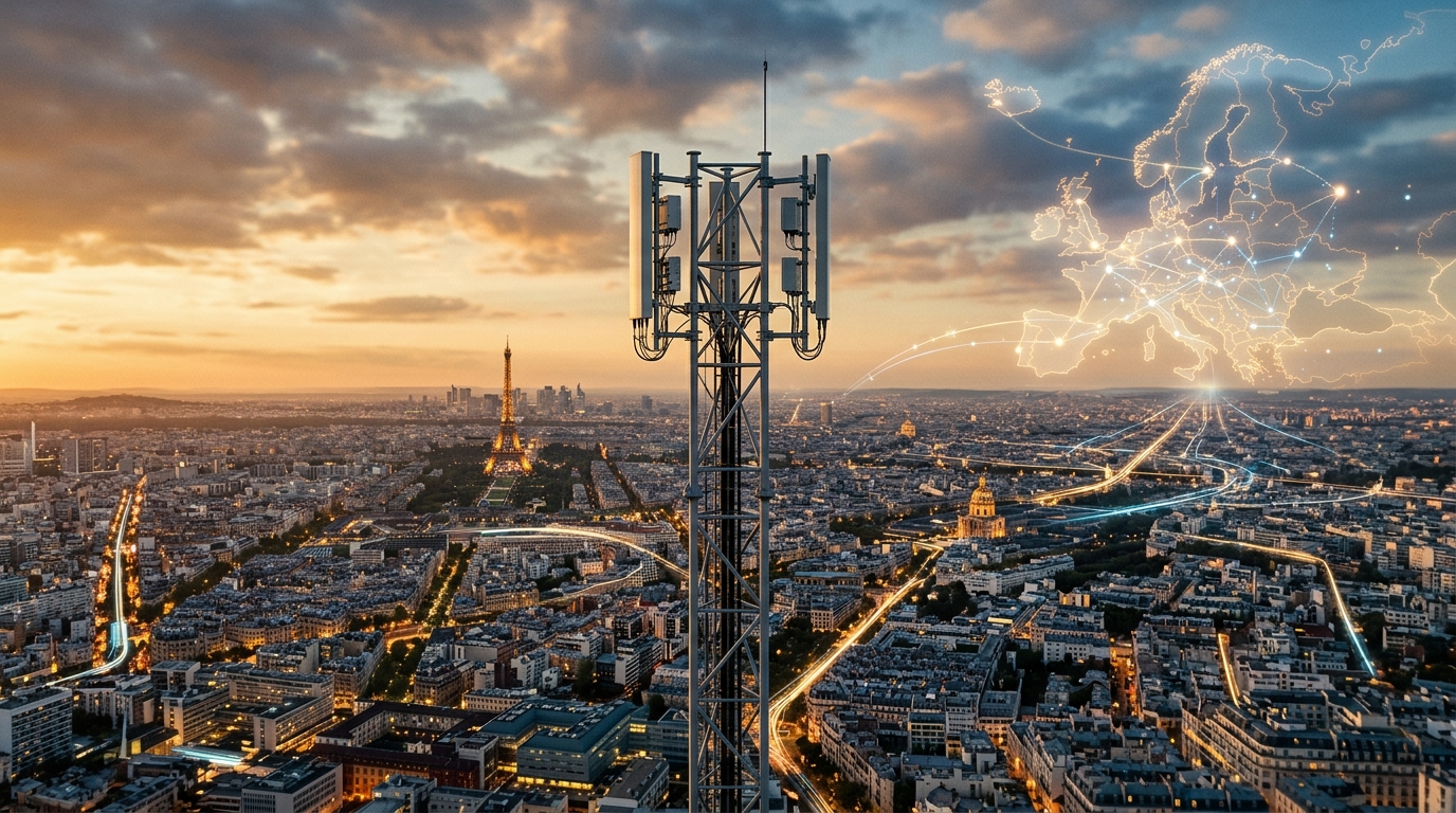 Antenna 5G su skyline europeo con mappa dell'Europa e linee di rete: consolidamento del mercato mobile e investimenti