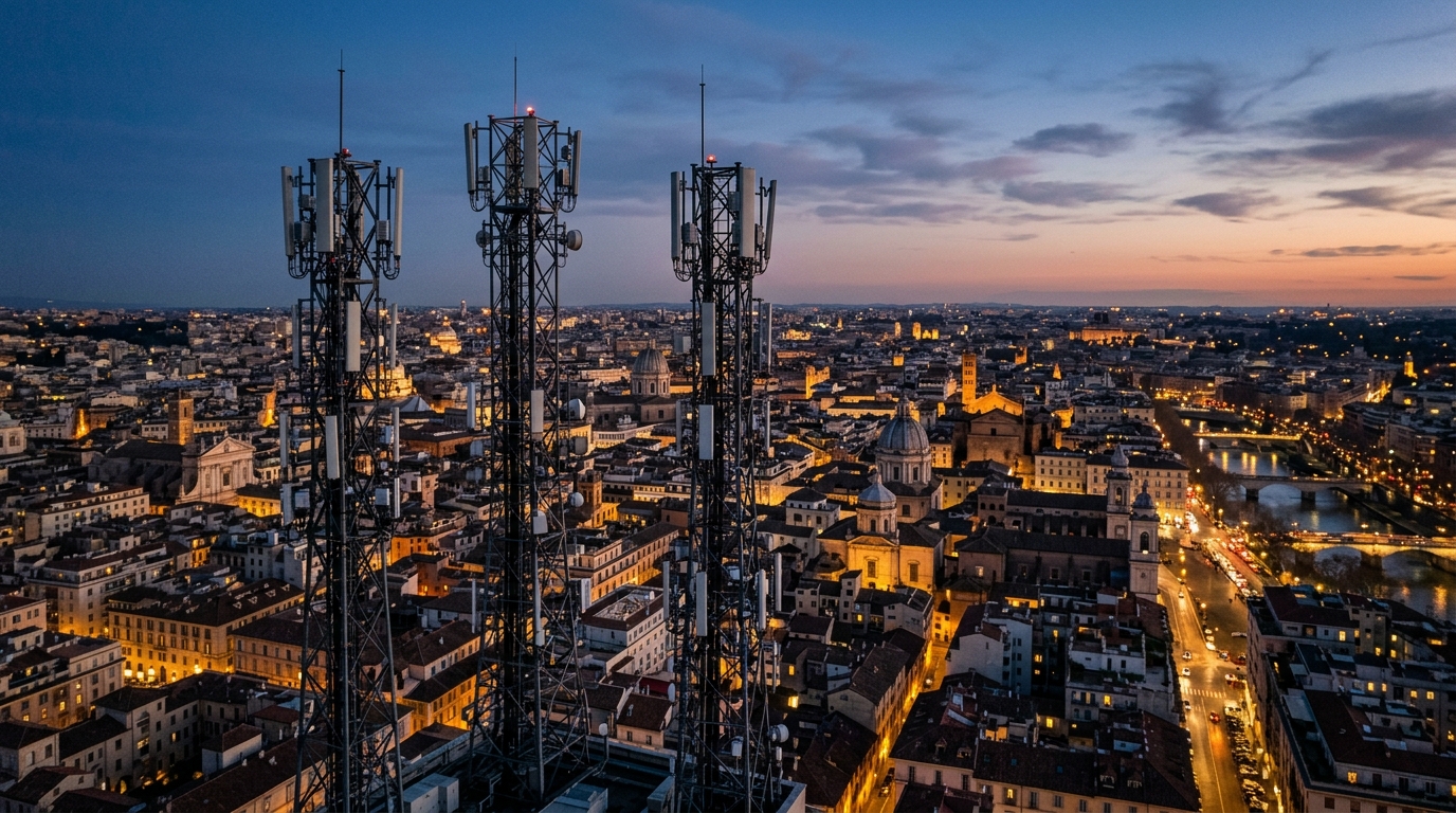 Tre torri di telecomunicazioni mobili con antenne 5G sovrapposte su una città europea al crepuscolo, simbolo del consolidamento operatori mobili in Europa