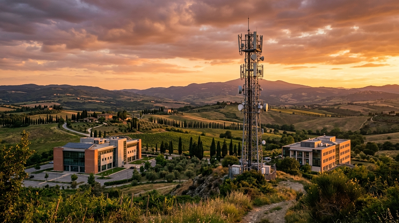 Torre INWIT con antenne mobili al tramonto sulle colline italiane, tra due edifici che si fronteggiano: lo scontro sugli MSA con TIM e Fastweb+Vodafone
