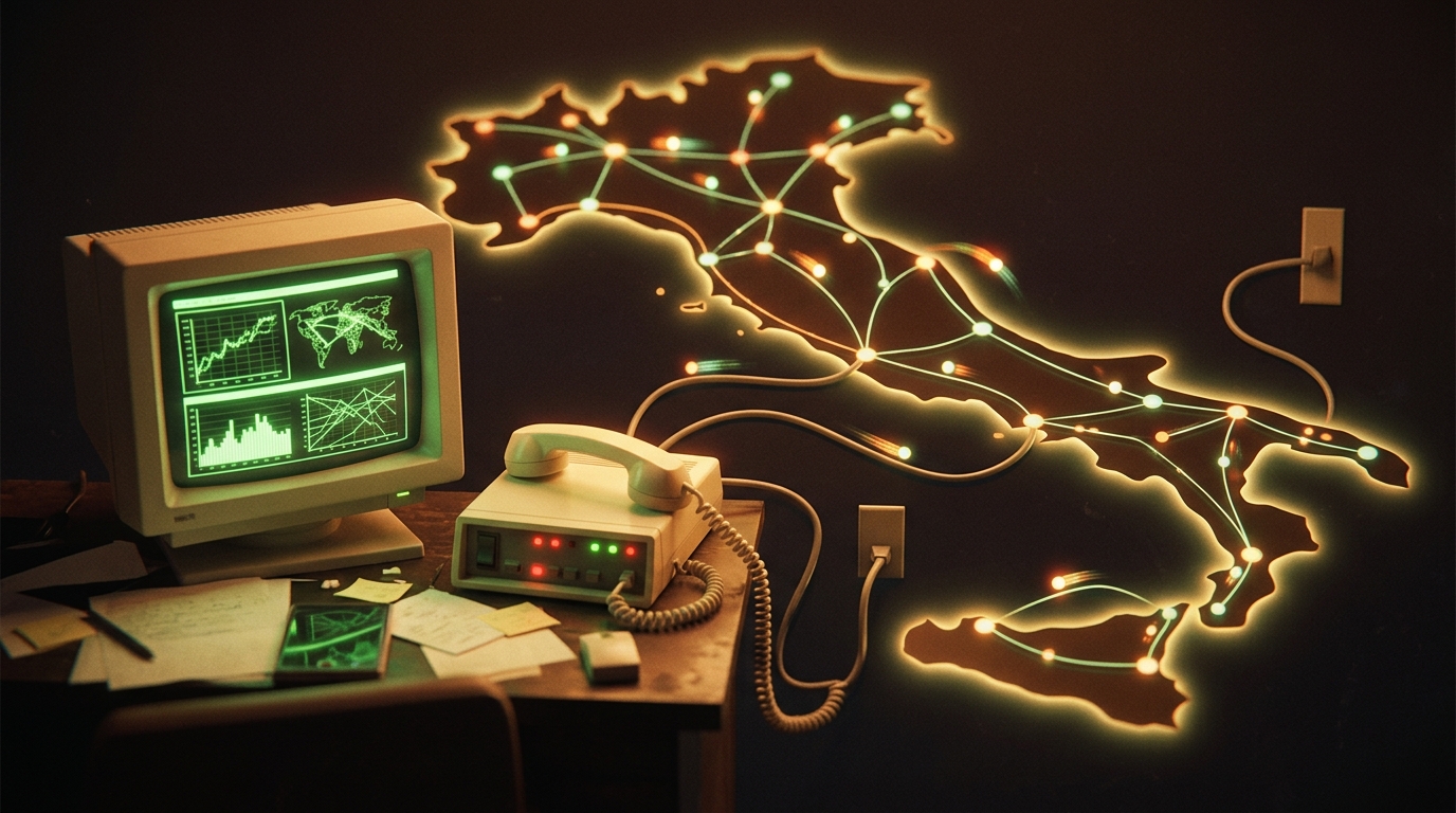 Terminale a fosfori verdi, modem e telefono anni '80 collegati a una mappa dell'Italia illuminata: la rete dati ITAPAC