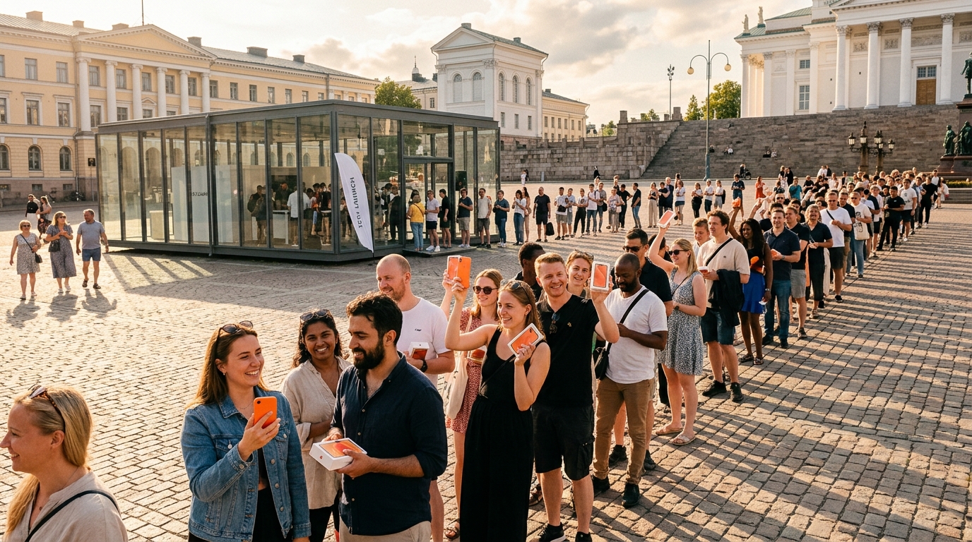 Coda di persone in una piazza di Helsinki al lancio del nuovo Jolla Phone, lo smartphone europeo con Sailfish OS