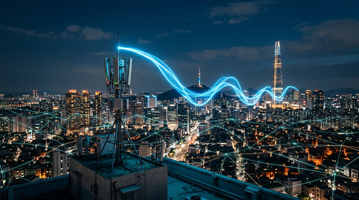 Voice AI di rete: onda vocale luminosa da un antenna 5G sullo skyline di Seul, simbolo della partnership LG Uplus Ericsson