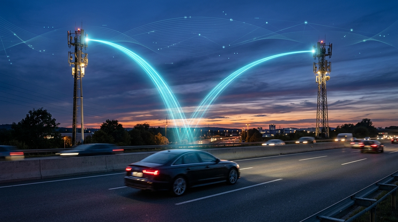 Handover 5G tra due torri cellulari sopra un'autostrada al crepuscolo: la tecnologia LTM del 5G-Advanced riduce le interruzioni di connessione