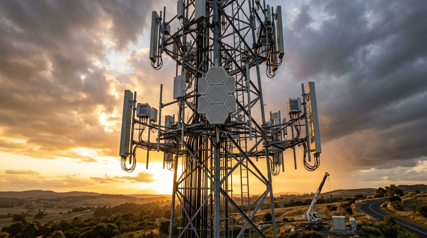 Torre con antenne 5G massive MIMO al tramonto, il mercato RAN degli apparati di rete mobile si stabilizza