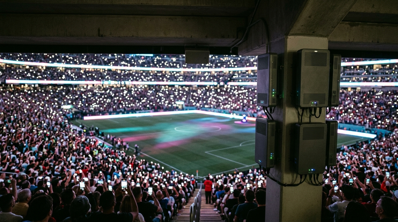 Stadio del Mondiale 2026 gremito di tifosi con smartphone accesi e antenne 5G nascoste, simbolo del record di traffico dati sulle reti Verizon e AT&T