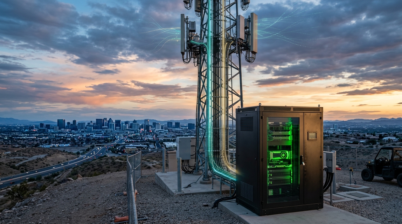Piattaforma AI-RAN di Nokia e Nvidia: cabinet con GPU alla base di una torre 5G al tramonto