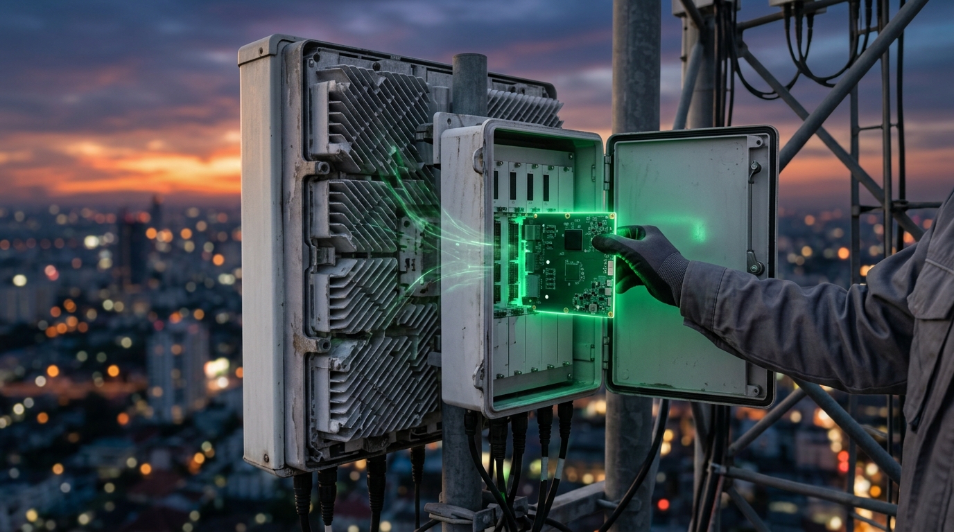 Tecnico inserisce una scheda GPU luminosa in un'antenna massive MIMO su torre telecom: la scommessa Nokia Nvidia per le radio 6G