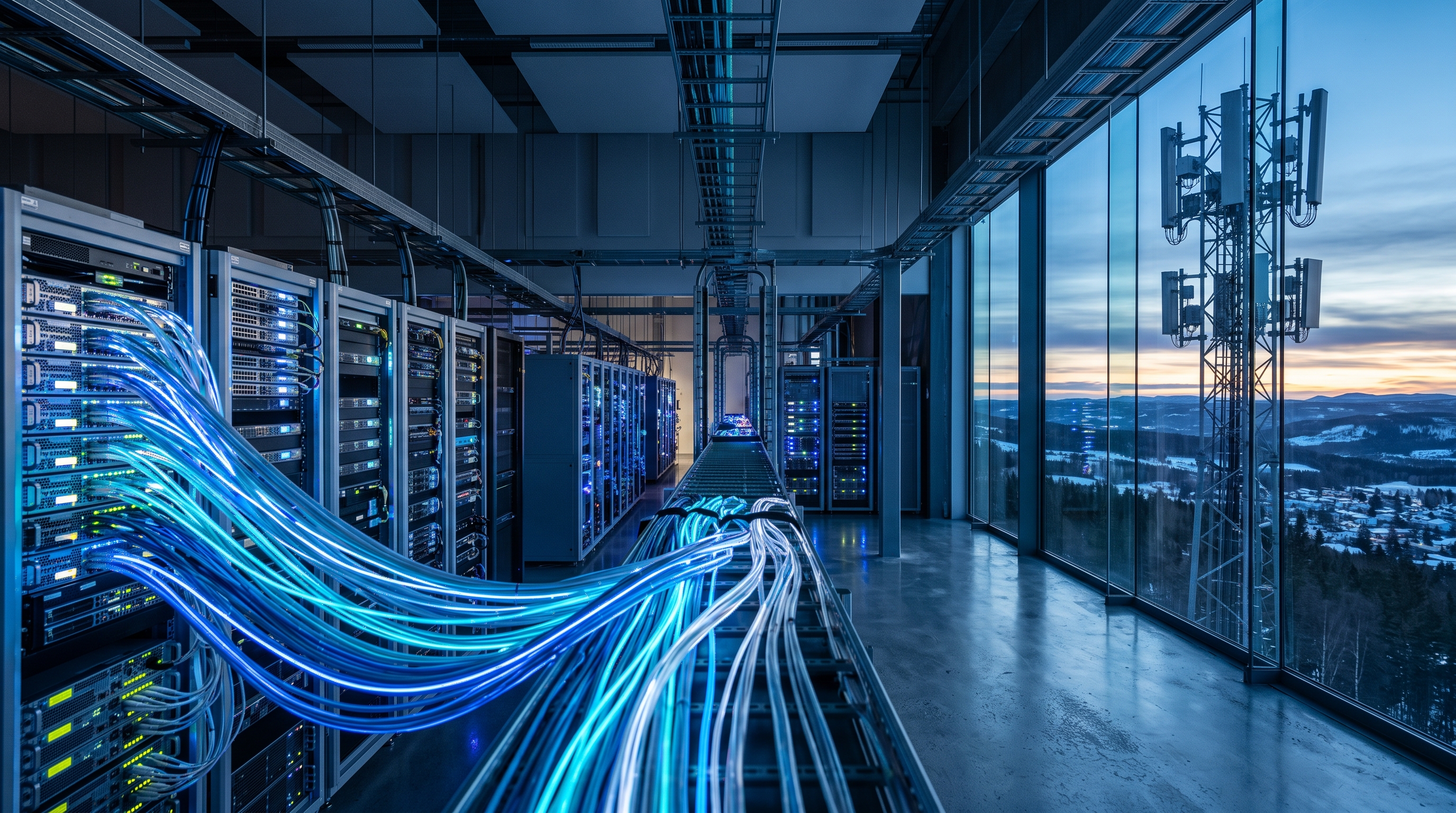 Data center con fasci di fibra ottica luminosa e torre 5G all'alba: la svolta AI nei risultati Nokia del secondo trimestre 2026
