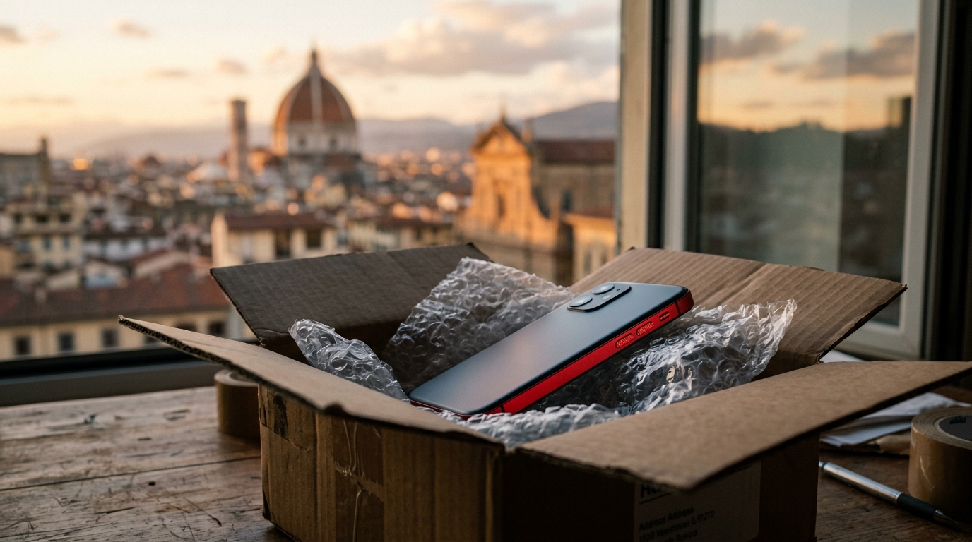 Smartphone con accenti rossi in uno scatolone da trasloco davanti a una città europea al tramonto: OnePlus lascia l'Europa e gli Stati Uniti