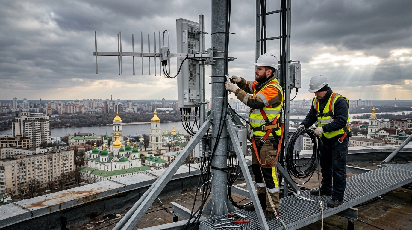 Tecnici installano antenne open RAN su un tetto con lo skyline di Kyiv e le cupole dorate sullo sfondo