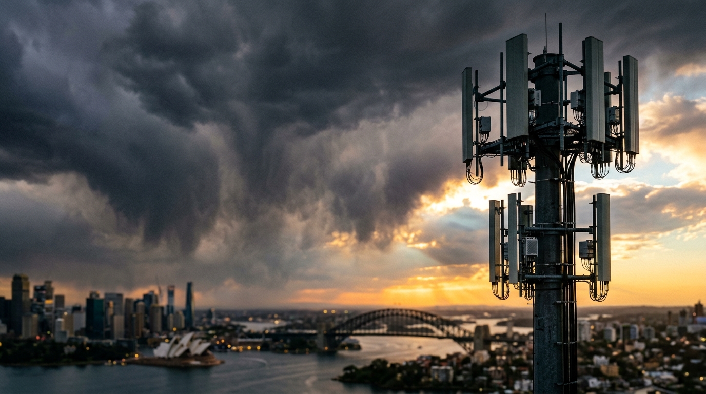 Torre 5G contro il cielo in tempesta su Sydney: Optus tra la cessione di quota Singtel e la causa ACMA per il Triple Zero