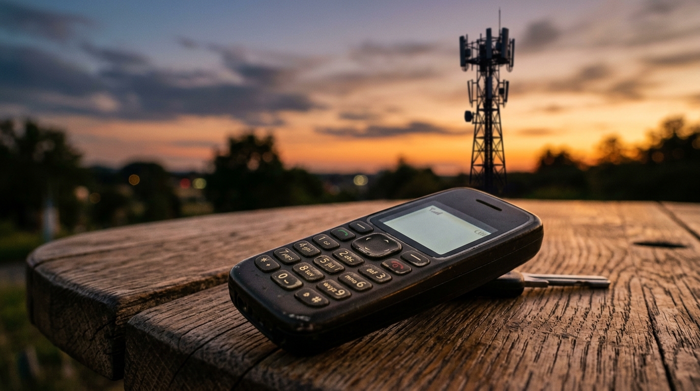 Vecchio telefono con tastiera fisica su un tavolo di legno al tramonto, con un'antenna di rete mobile sullo sfondo: simbolo dello spegnimento della rete 2G