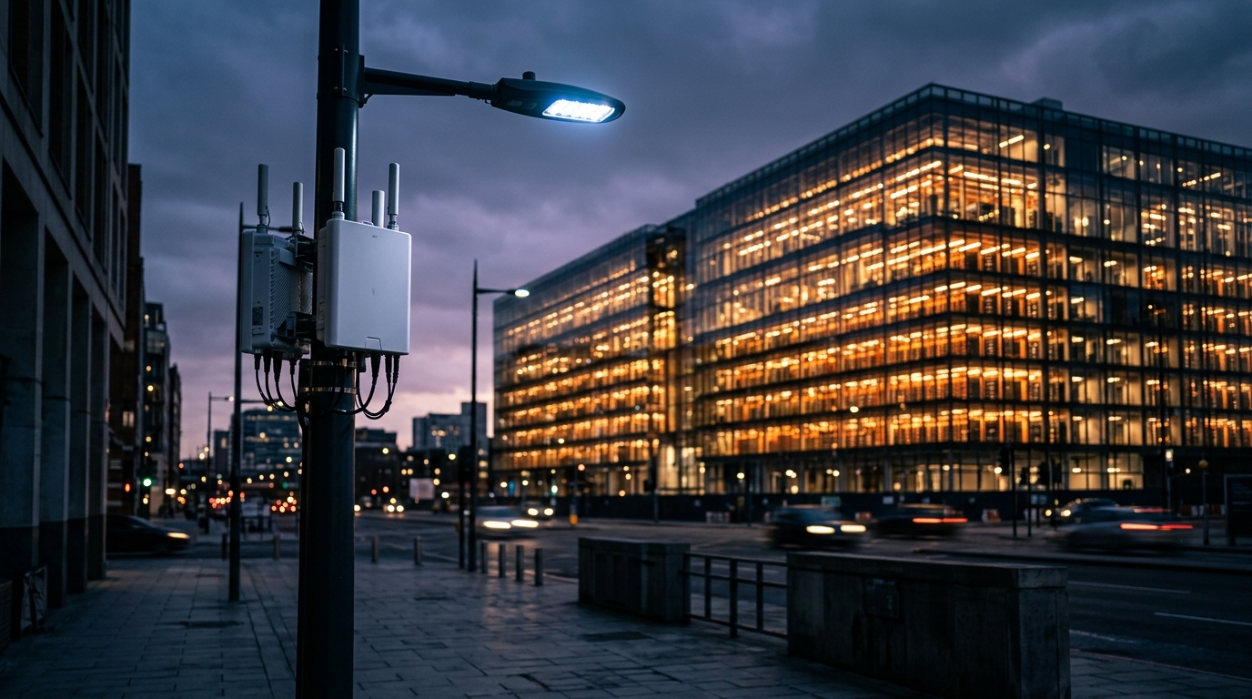 Small cell 5G su un lampione urbano al crepuscolo con un grande data center illuminato sullo sfondo: Qualcomm abbandona le small cell per puntare su 6G e AI