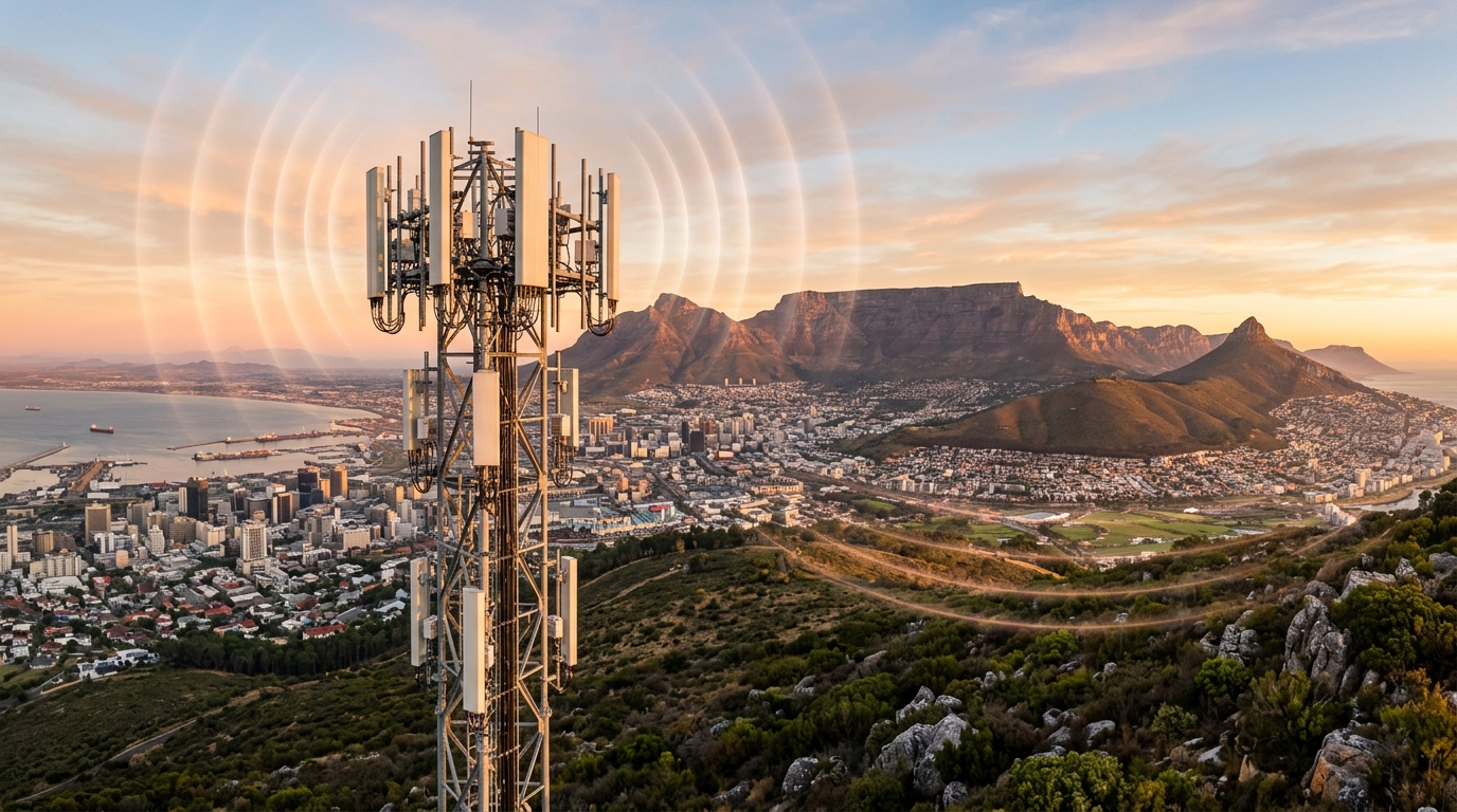 Torre 5G con antenne Massive MIMO sub-1 GHz di rain e Huawei sopra Città del Capo, Sudafrica