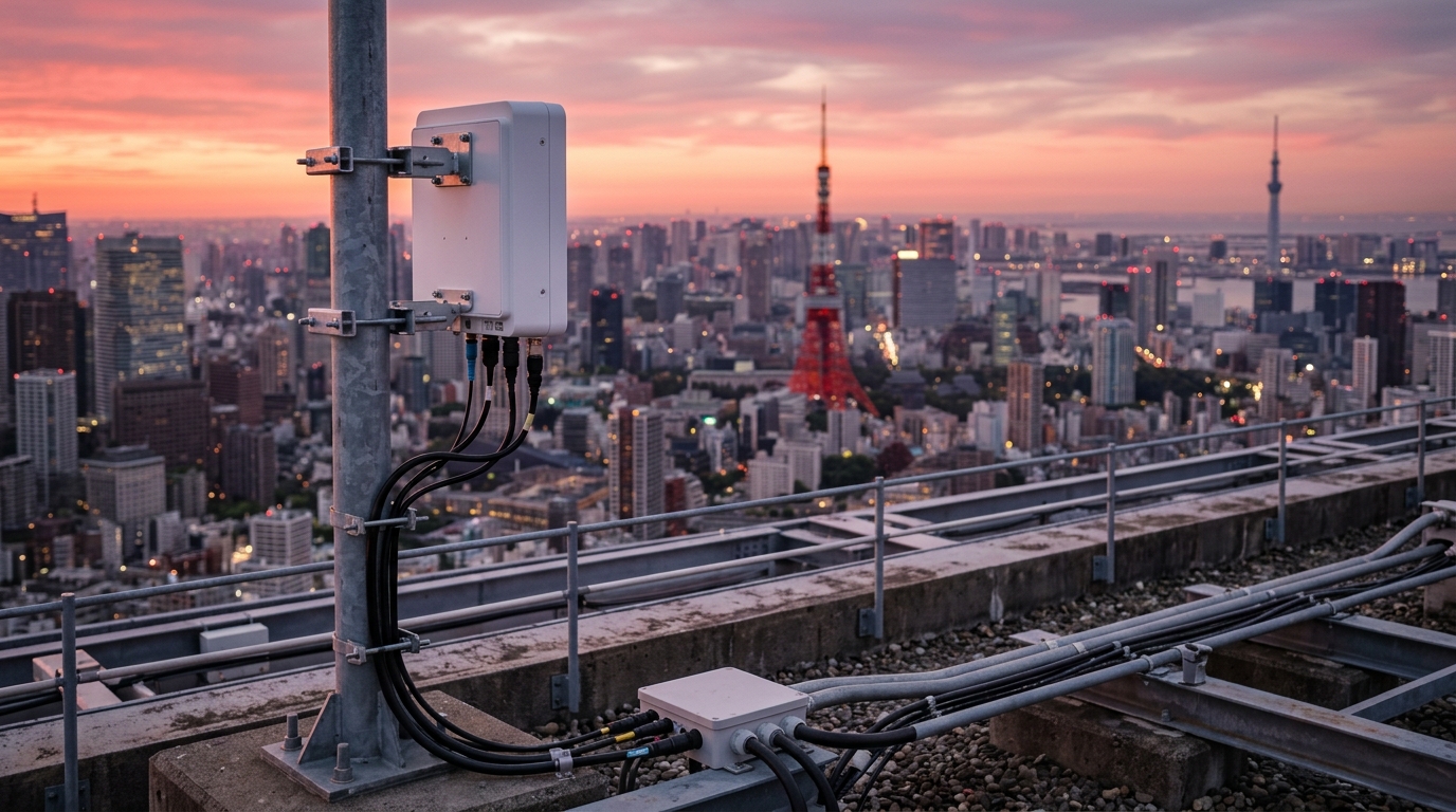 Radio unit Open RAN 5G compatta su un tetto di Tokyo, come le 1Finity 44R21 dispiegate da Rakuten Mobile