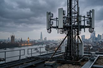 Antenna 5G su un tetto con lo skyline di Londra sullo sfondo: il Regno Unito ha il peggior 5G d'Europa secondo Opensignal