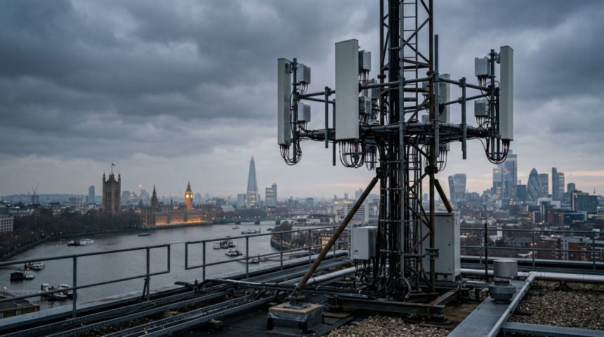 Antenna 5G su un tetto con lo skyline di Londra sullo sfondo: il Regno Unito ha il peggior 5G d'Europa secondo Opensignal