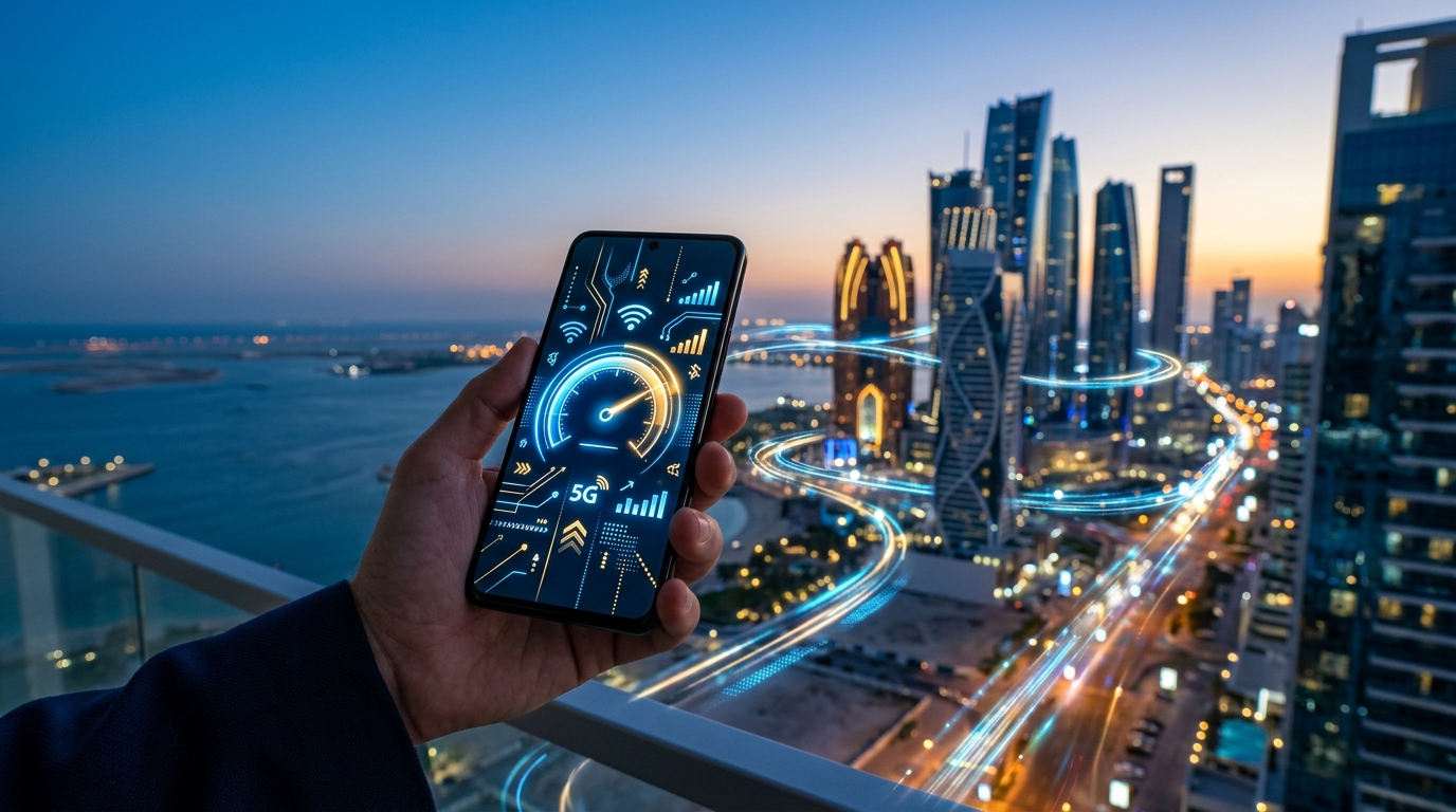 Smartphone che mostra la velocità della rete mobile davanti allo skyline degli Emirati, rete mobile più veloce del mondo