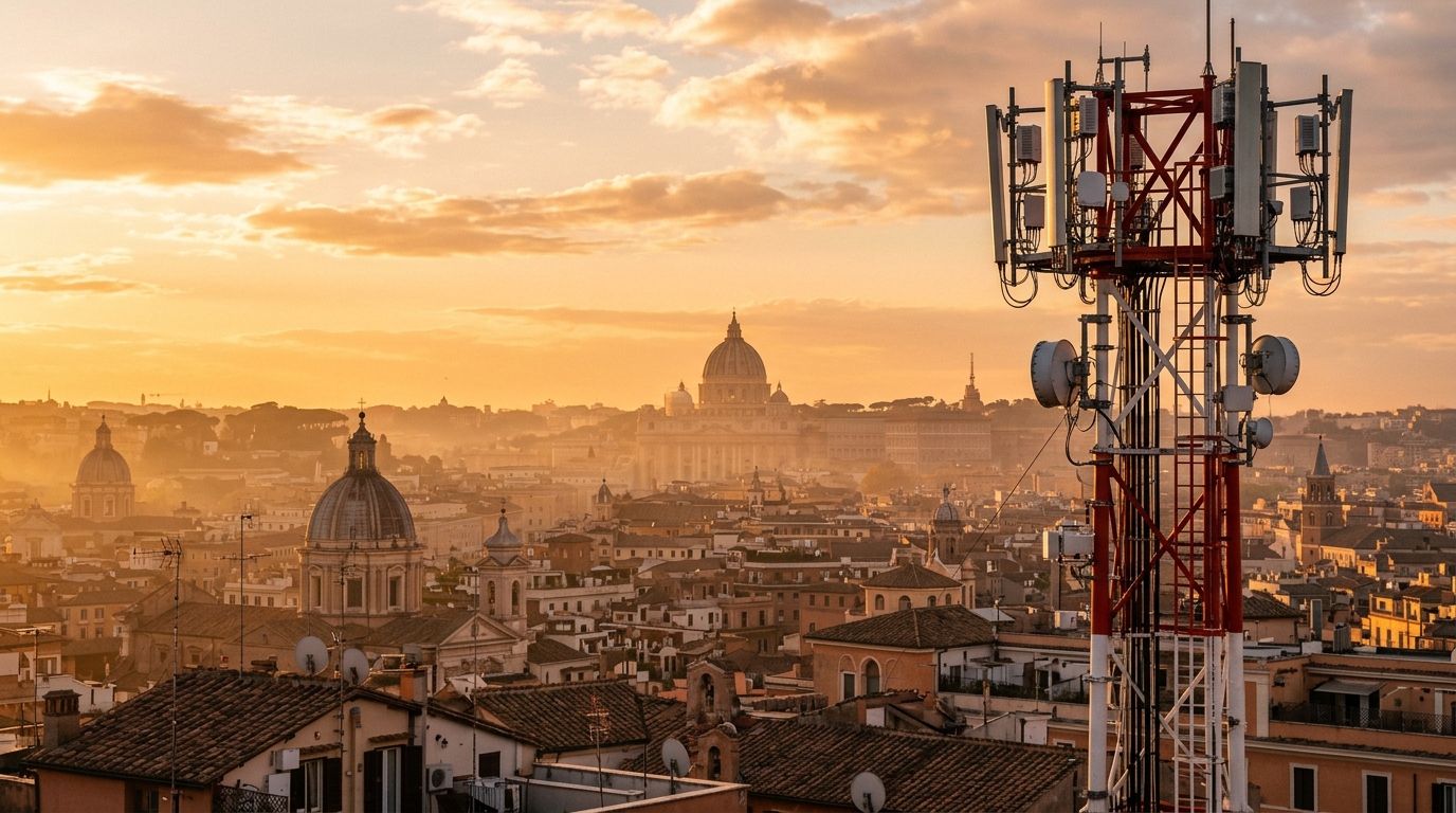 Traliccio di telecomunicazioni con antenne mobili sui tetti di Roma all'alba con la cupola di San Pietro sullo sfondo, immagine sui risultati TIM del secondo trimestre 2026