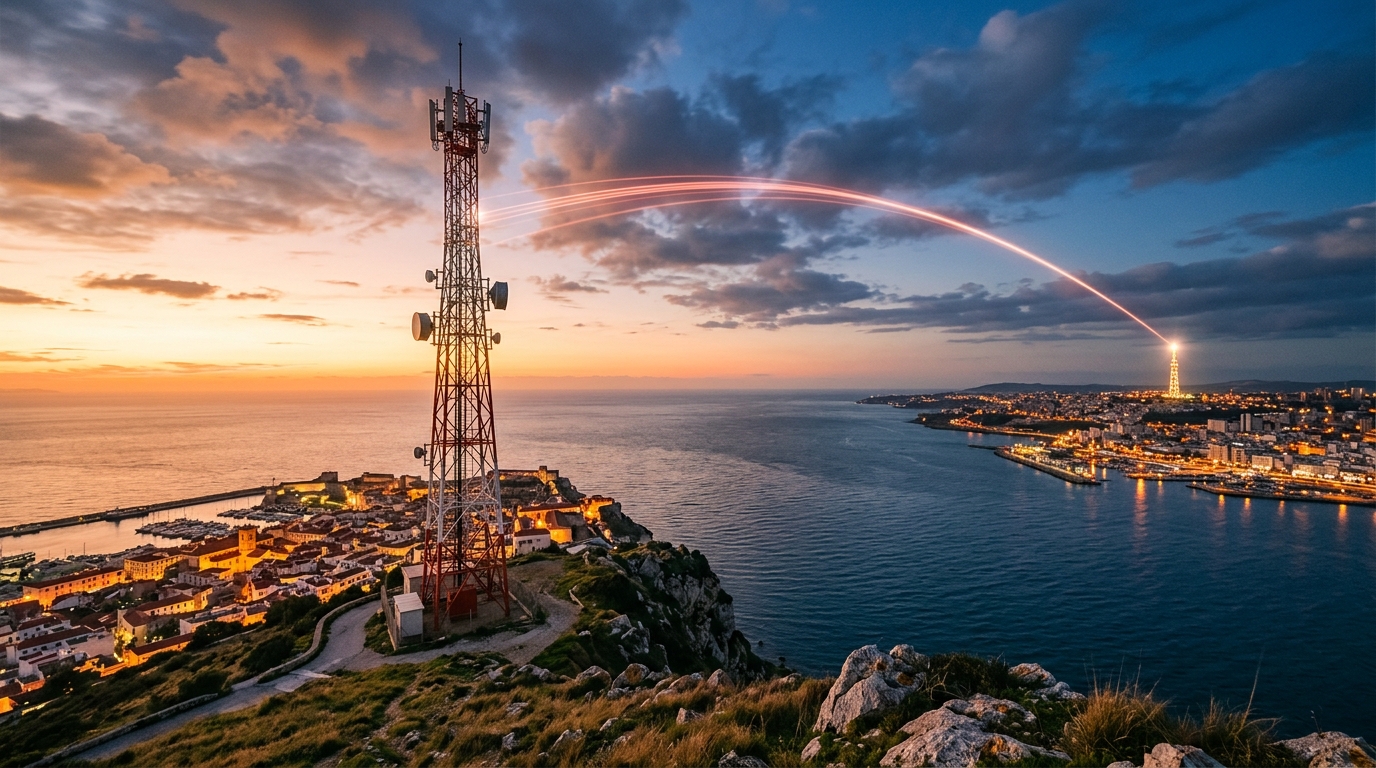 Torre di telecomunicazioni al tramonto con una scia di dati che collega una città europea e una metropoli africana, immagine simbolo dei risultati Vodafone del primo trimestre fiscale 2027